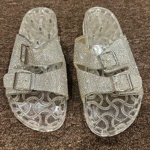 EUC! Women's 8 Silver Rhinestone Bling Slide Sandals comfy open toe Forever 21